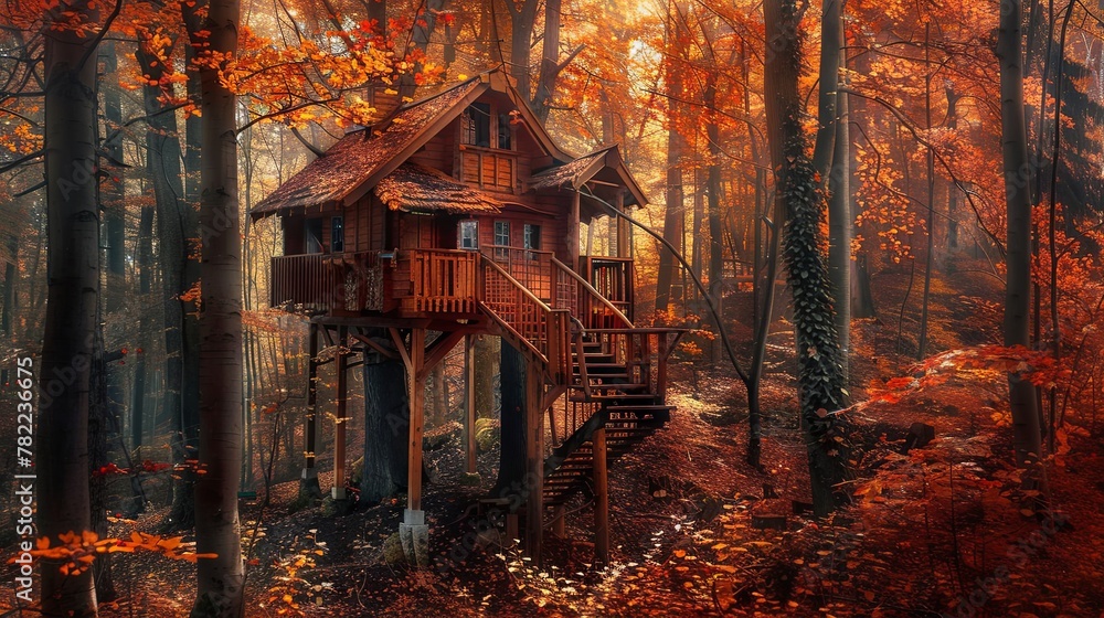 Fototapeta premium Enchanted autumn forest treehouse amidst vibrant foliage