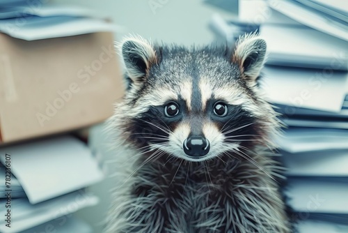 cheerful raccoon surrounded by office files and documents aigenerated image