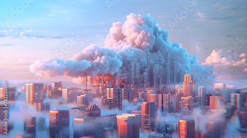 Digital Metropolis Embraced by Floating Cloud - A Futuristic 3D Rendered Cityscape Symbolizing Modern Urban Life and Technology