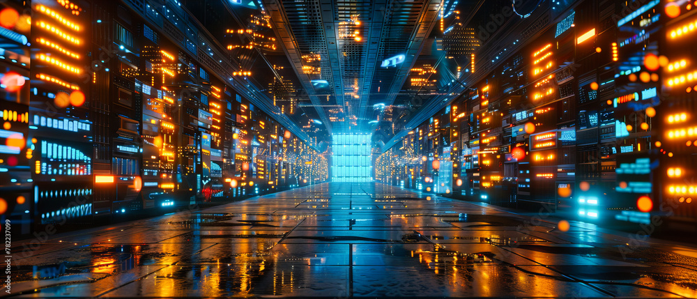 Futuristic Neon Blue Corridor, Modern Architectural Design in a Sci-Fi Tunnel, Abstract Technology Concept