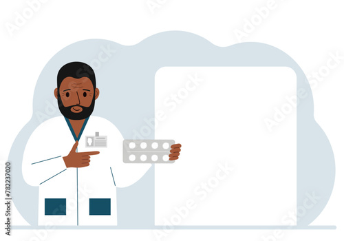 A male doctor holds pills in his hand. Large white sheet for text. Vector flat illustration