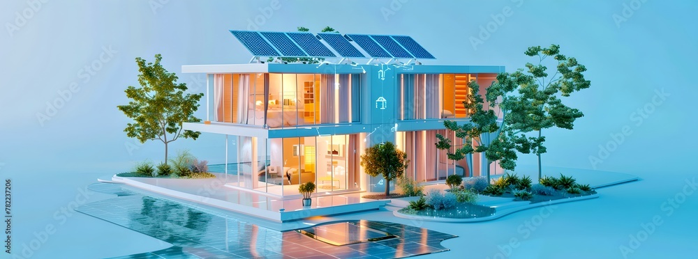 Modern Eco-Friendly Home with Solar Panels, Sustainable Living Concept Visual. Perfect for Green Energy Promotion. AI