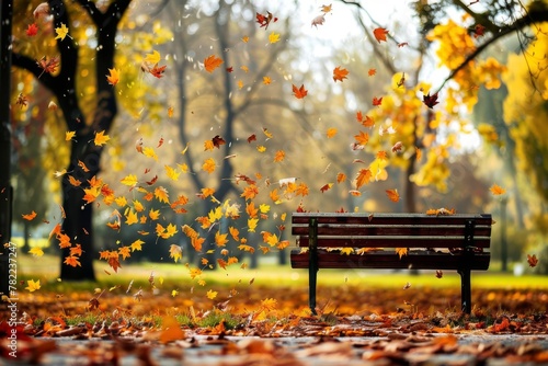 colorful autumn leaves falling in a park with trees and a bench seasonal concept photo photo