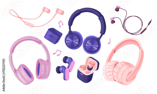 Set of Headphones, Earphones, and Earbuds.