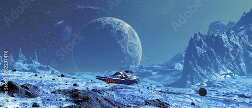 A sleek  advanced spaceship gracefully navigates the icy terrain of distant moons in space.
