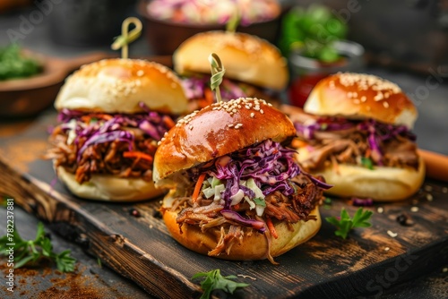 Pulled pork burgers with coleslaw and seasoning