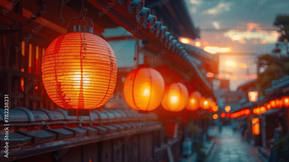 Enchanting view of traditional Japanese paper lanterns glowing softly at dusk