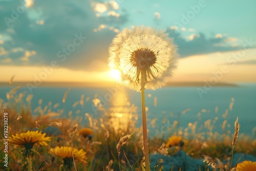 Serene Dandelion at Sunset. Concept Nature Photography  Golden Hour Glow  Soft Focus Background  Dreamy Landscape