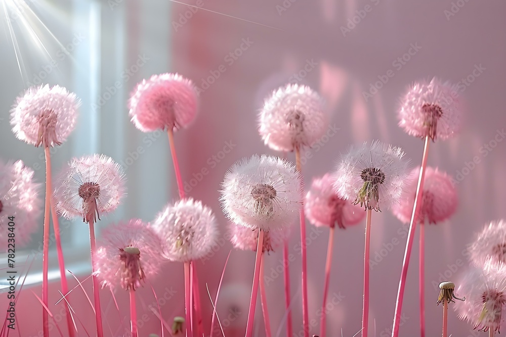 Dandelion Whispers on a Pink Haze. Concept Nature Inspiration, Soft Pastels, Floral Fantasy, Dreamy Aesthetics