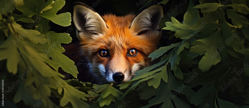 Fototapeta premium Fox peeks through lush green foliage with glowing eyes