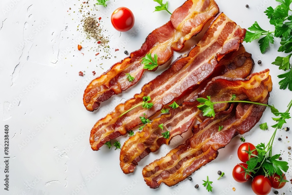 crispy fried bacon on neutral background breakfast food photography