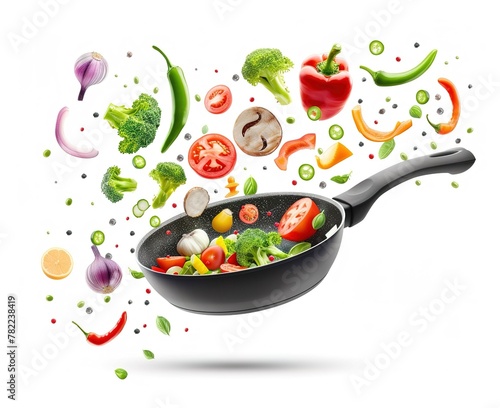 A symphony of freshness: vibrant vegetables floating in the air around a sizzling frying pan, capturing the essence of a nutritious and delicious meal © Яна Деменишина