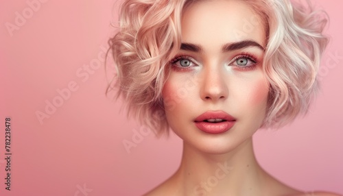 Stylish woman with short hair and blonde curls in fashionable attire wearing makeup and using cosmetics