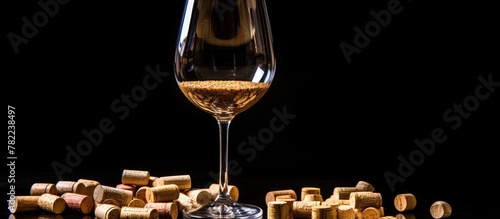 Glass of wine and cork on table