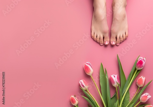Harmony of spring awakening: bare feet among a colorful array of fresh tulips on a bright pink background #782238603
