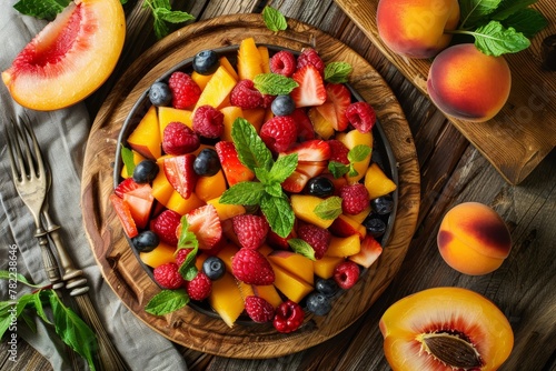 Summer salad with fruit berries mint leaves peach melon and rustic boards viewed from above