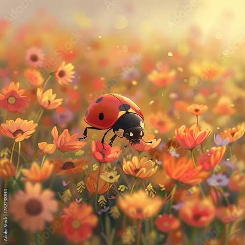 Adding charm to the sunlit meadow s tapestry  a vivid red ladybug explores the colorful world of wildflowers.