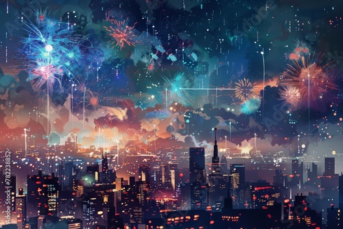 dazzling independence day fireworks display over a futuristic cityscape digital art © furyon