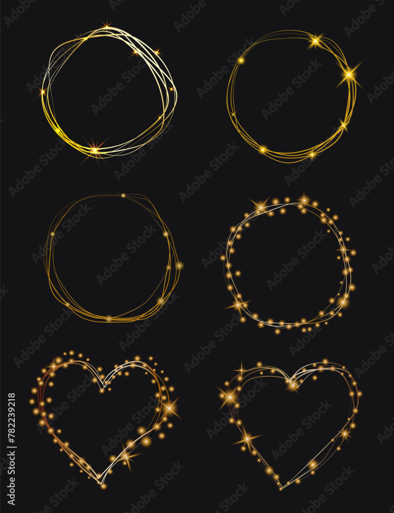 Rotating shiny rings. Dynamic golden lines with a glow effect. Abstract sparkling hearts. vector drawing Rotating shiny rings. Dynamic golden lines with a glow effect. Abstract sparkling hearts. vector drawing