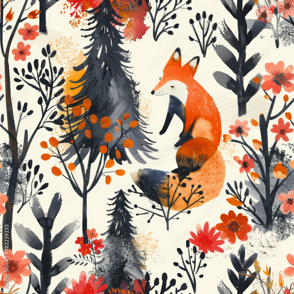 Woodland Fox Seamless Pattern Design Woodland Fox Seamless Pattern Design