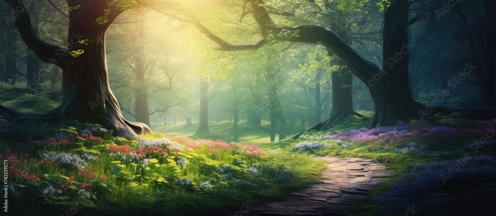 Path winding through blooming woodland Path winding through blooming woodland