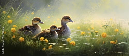 Ducks swimming among yellow pond flowers