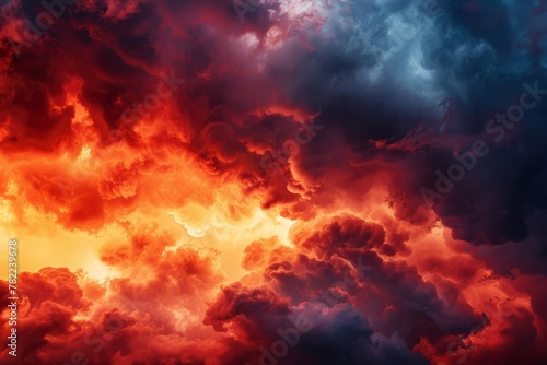 dramatic fiery red and black thunderclouds in stormy sky