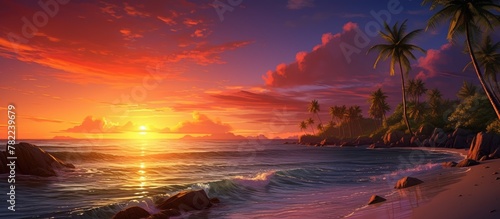 Beautiful tropical beach sunset with palm trees and rocks