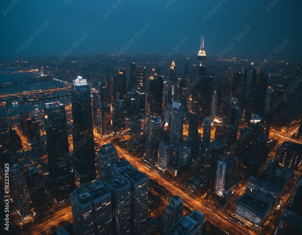 Naklejka premium Elevated Night View of Urban Skyline with Lighted Streets