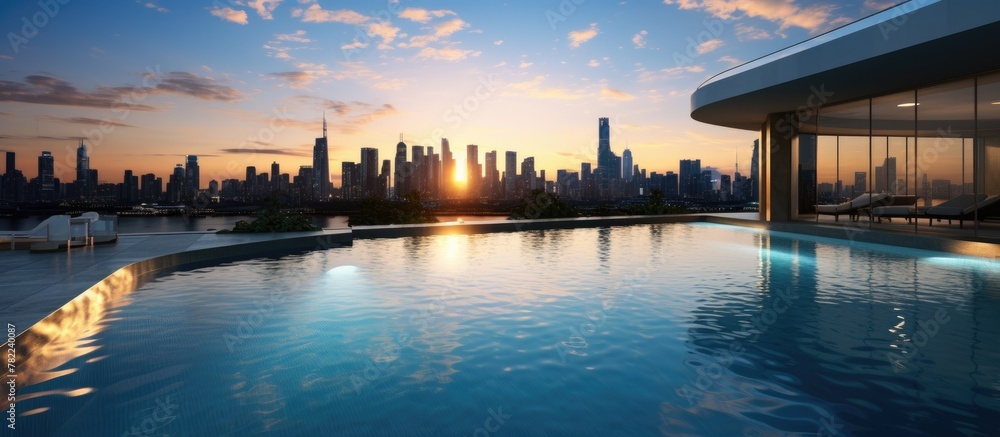 Naklejka premium Luxury pool overlooking city skyline at sunset