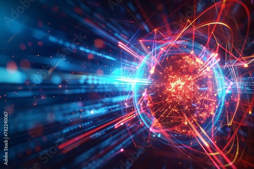 dynamic abstract nuclear fusion illustration with glowing lines and geometric shapes 3d render