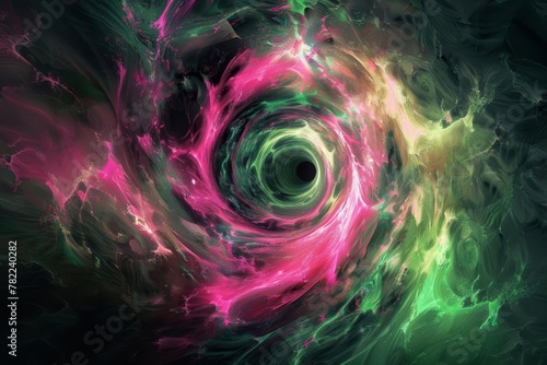 dynamic pink and green abstract swirls spiraling into mysterious black hole mesmerizing cosmic texture digital art