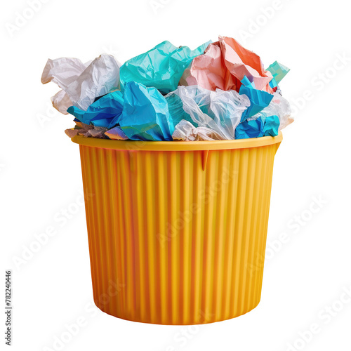 Yellow trash can filled with crumpled paper