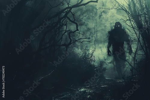 eerie zombie lurking in the shadows of a dark forest evoking a sense of horror and dread digital illustration