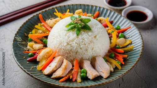 rice plate, consisting of perfectly steamed white rice. The plate is garnished with vegetables, including carrots, bell peppers, and peas. Slices of tender, grilled chicken and a sprinkling of sesame  photo