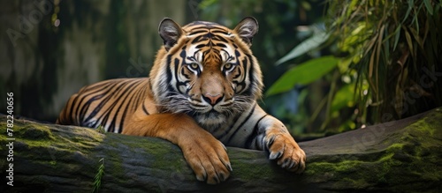 A tiger rests on a log in the forest