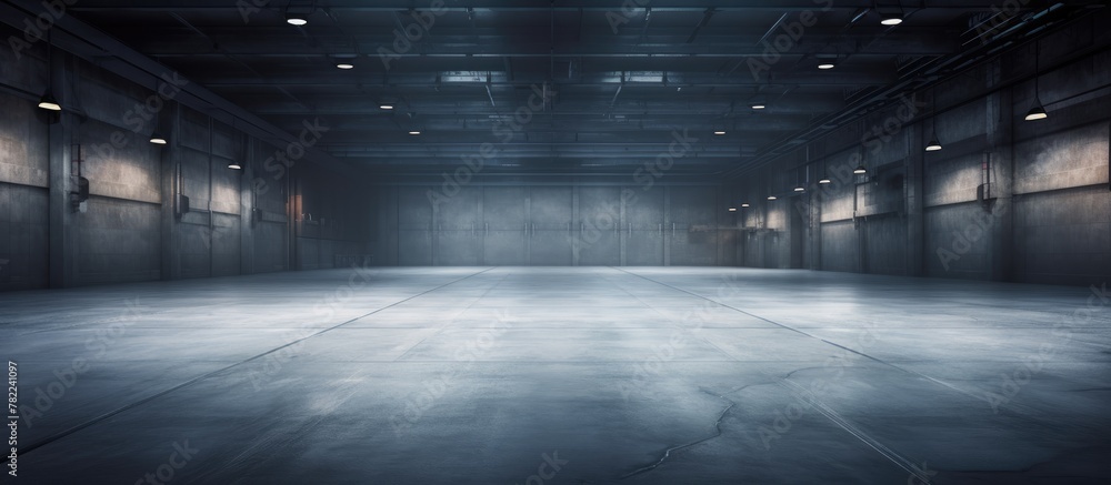 Empty industrial warehouse with concrete floors and lights