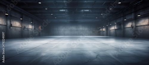 Empty industrial warehouse with concrete floors and lights