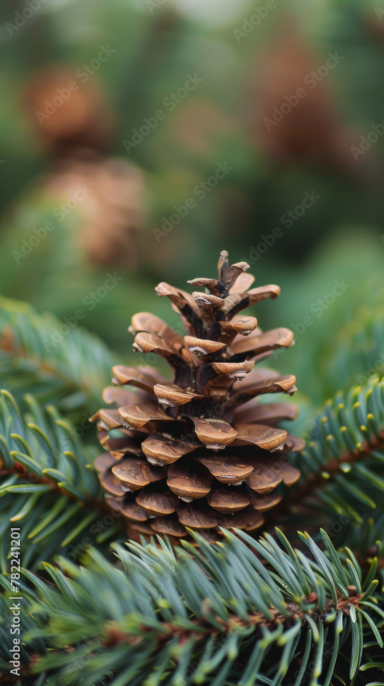 Close-up of pine cone on evergreen branch Close-up of pine cone on evergreen branch