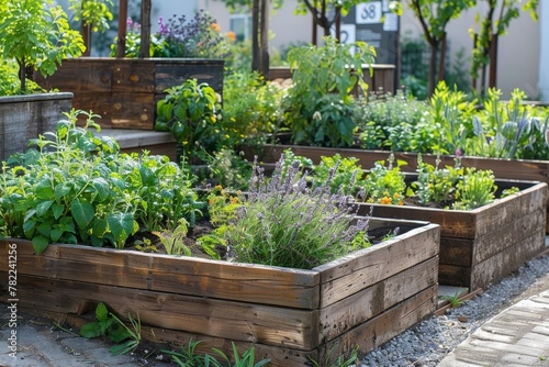 Urban garden with raised beds cultivating various plants