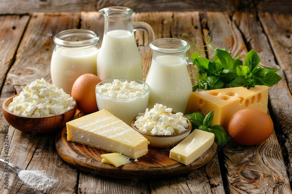 Variety of dairy items on wooden table milk cheese egg yogurt sour cream cottage cheese butter Variety of dairy items on wooden table milk cheese egg yogurt sour cream cottage cheese butter