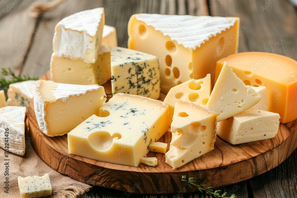 Variety of cheeses on wooden board