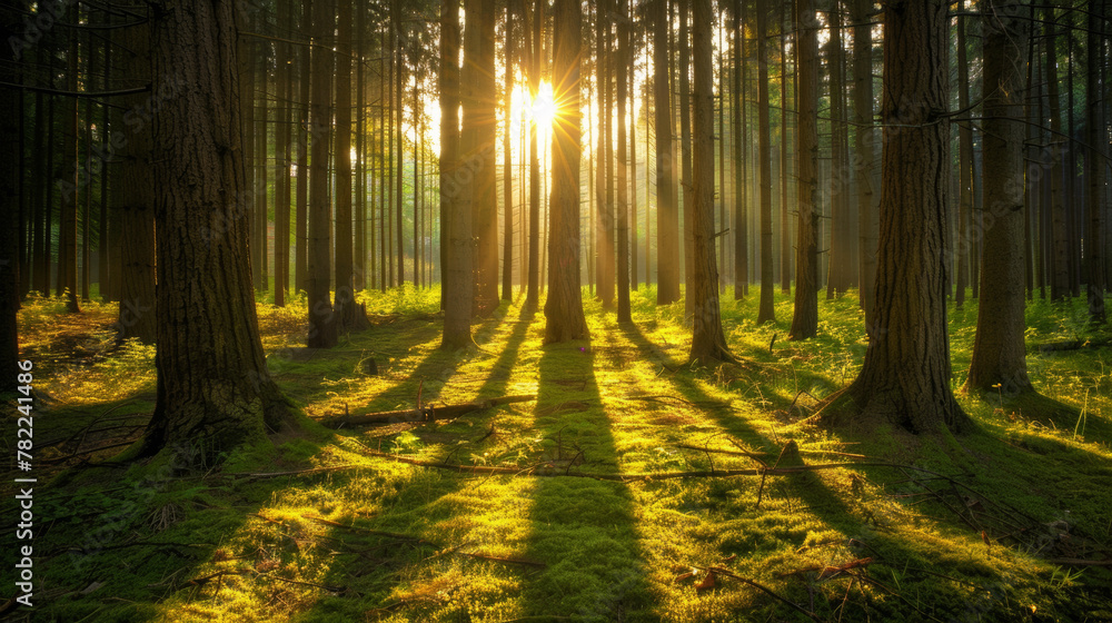 Obraz premium Sunrise peering through the forest trees