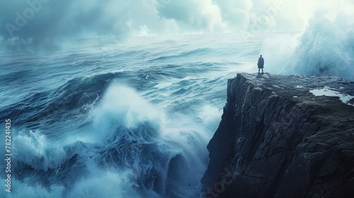 A lone figure standing on a cliff edge, facing a turbulent sea with waves crashing against the rocks below, photo