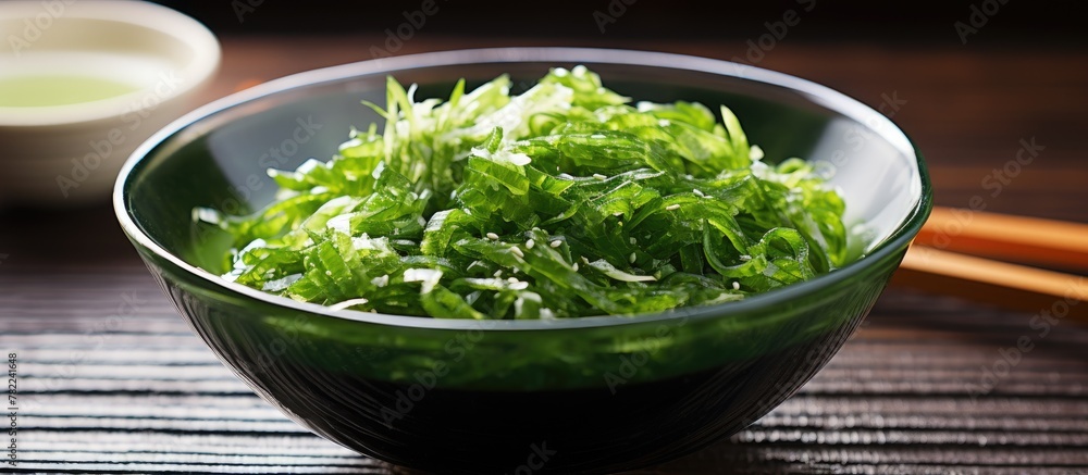 Fresh green veggies with chopsticks, paired with seaweed salad Fresh green veggies with chopsticks, paired with seaweed salad