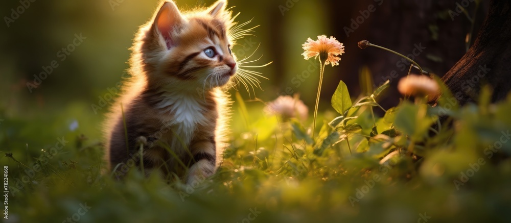 Kitten gazes at flower in grass Kitten gazes at flower in grass