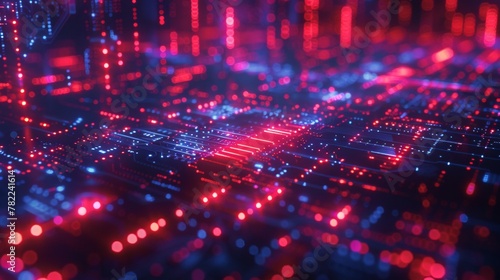 Macro shot of a circuit board with glowing red and blue lights