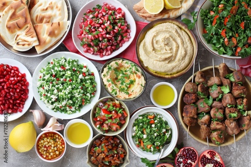 Variety of Middle Eastern dishes including tabbouleh shawarma hummus falafel and pita Arab cuisine for a party dinner ViewModel of Middle Eastern di photo