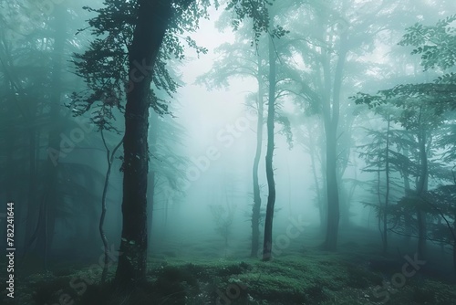 enchanted misty forest shrouded in dense fog ethereal landscape