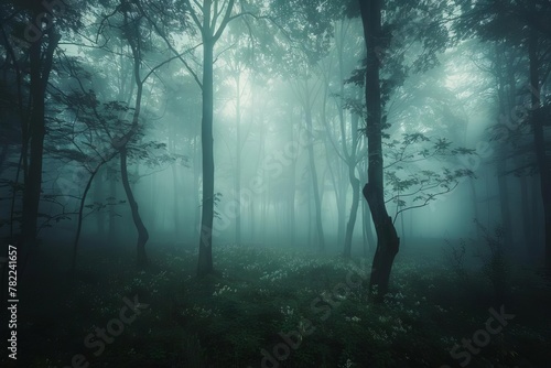 enchanted misty forest shrouded in dense fog ethereal landscape